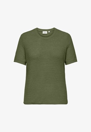 Tricou verde măsliniu cu mânecă scurtă, realizat dintr-un material texturat, având un guler rotund și tiv drept, cu o croială lejeră.