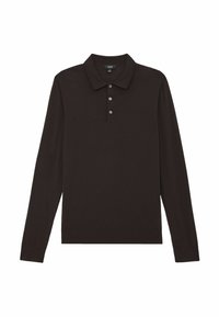 Langärmeliges Poloshirt in Dunkelbraun aus weichem Stoff. Mit klassischem Kragen und drei Knöpfen sowie gerippten Bündchen und Saum.