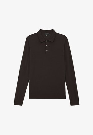Tamsiai rudas polo marškinėlis ilgomis rankovėmis, pagamintas iš minkštos medžiagos. Savybės: klasikinis apykaklė ir trijų mygtukų priekis, su elastinėmis rankogaliais ir apačia.