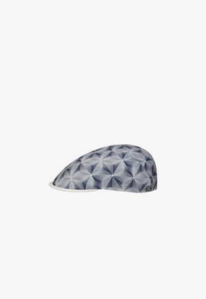 Flat cap with a geometric pattern of dark blue triangular lines on a light gray background and a white trim on the brim.