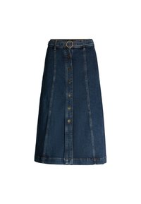Gonna A-line in denim blu scuro, con chiusura frontale a bottoni, una cintura con fibbia rotonda dorata e dettagli di cucitura a contrasto.