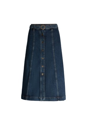 Dunkelblaue A-Linien-Jeansrock mit einer vorderen Knopfverschluss, einem Gürtel mit einer runden goldenen Schnalle und kontrastierenden Steppdetails.