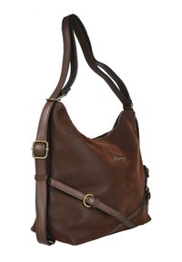 Bolso de hombro de cuero marrón con un diseño holgado, correa ajustable y detalles en herrajes dorados. Cuenta con cierre de cremallera y detalles cosidos.