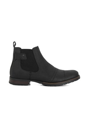 Botte Chelsea en cuir noir avec des panneaux latéraux en élastique, une languette, un bout rond et une semelle en caoutchouc avec de subtils détails de couture horizontale.