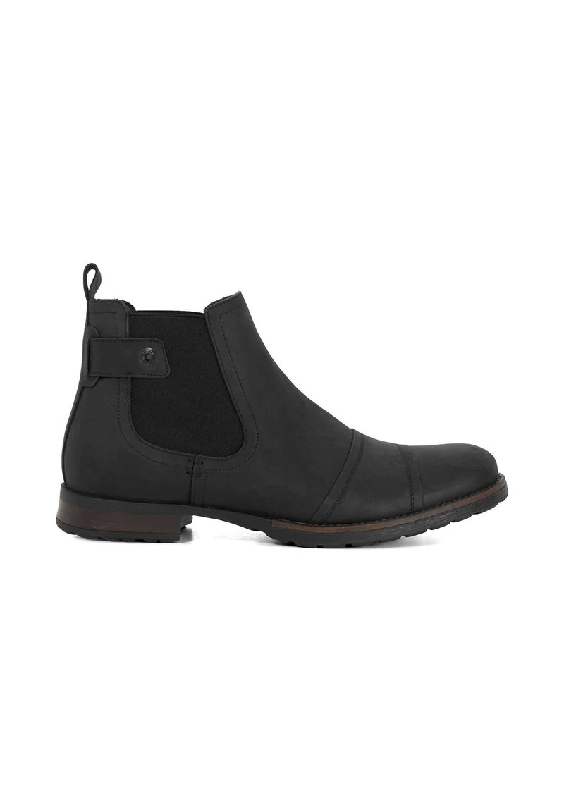 Black leather Chelsea boot featuring elastic side panels, a pull tab, rounded toe, and rubber sole with subtle horizontal stitching details.
