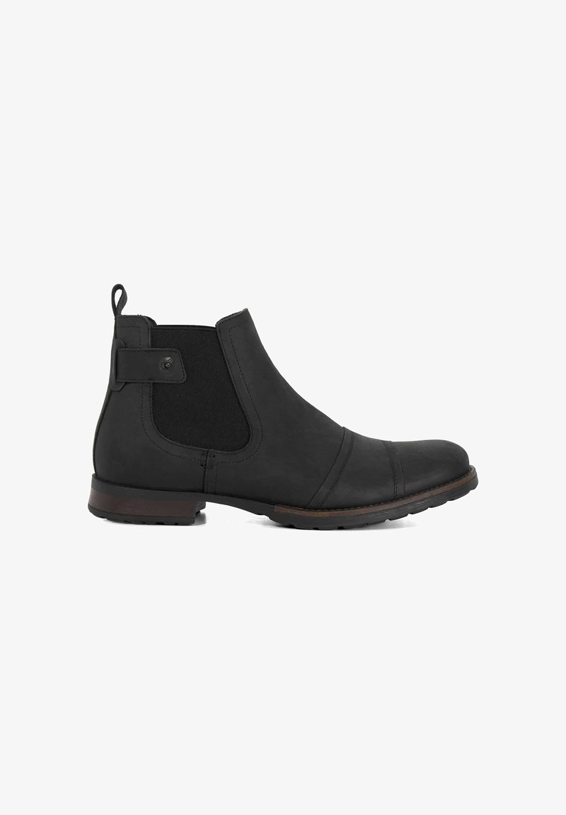 Black leather Chelsea boot featuring elastic side panels, a pull tab, rounded toe, and rubber sole with subtle horizontal stitching details.