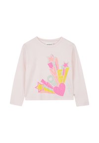 T-shirt a maniche lunghe rosa chiaro con un design grafico multicolore che presenta stelle, cuori e la parola "AMORE" in lettere audaci. Tessuto in cotone morbido.