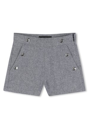 Shorts gris en chevron avec des boutons argentés à l'avant, une ceinture plate et deux poches latérales avec fermeture éclair.