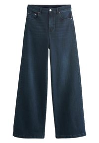 Jean bleu foncé à jambes larges avec bouton frontal et poches, taille haute et légère décoloration sur les cuisses.