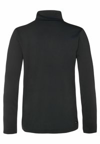 Pullover nero a maniche lunghe con collo alto. Realizzato in tessuto liscio, presenta un design aderente e un'etichetta sul fondo discreta per un tocco di dettaglio.