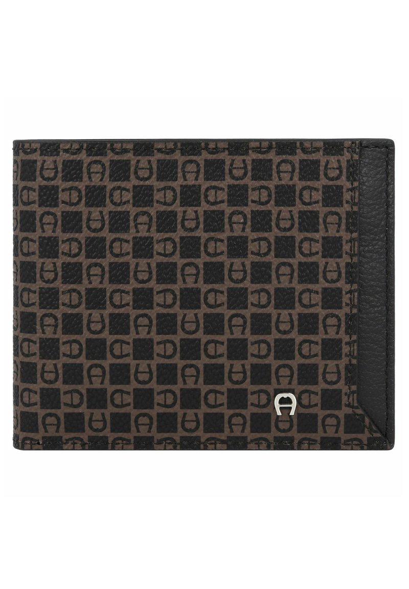 Portefeuille marron et noir avec un motif à carreaux de carrés alternés et des logos stylisés "A", doté d'un petit emblème en argent dans un coin.