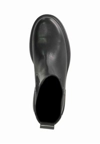 Zwarte leren Chelsea-boot met ronde neus, elastische zijpanelen en een lipje aan de achterkant, weergegeven vanuit het bovenaanzicht op een witte achtergrond.