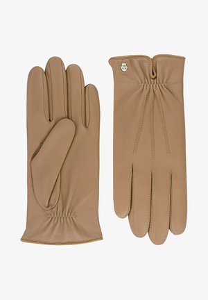 Helle Lederhandschuhe mit glatter Textur, elastischen Bündchen, dekorativen Nähten und einem kleinen metallischen Akzent.