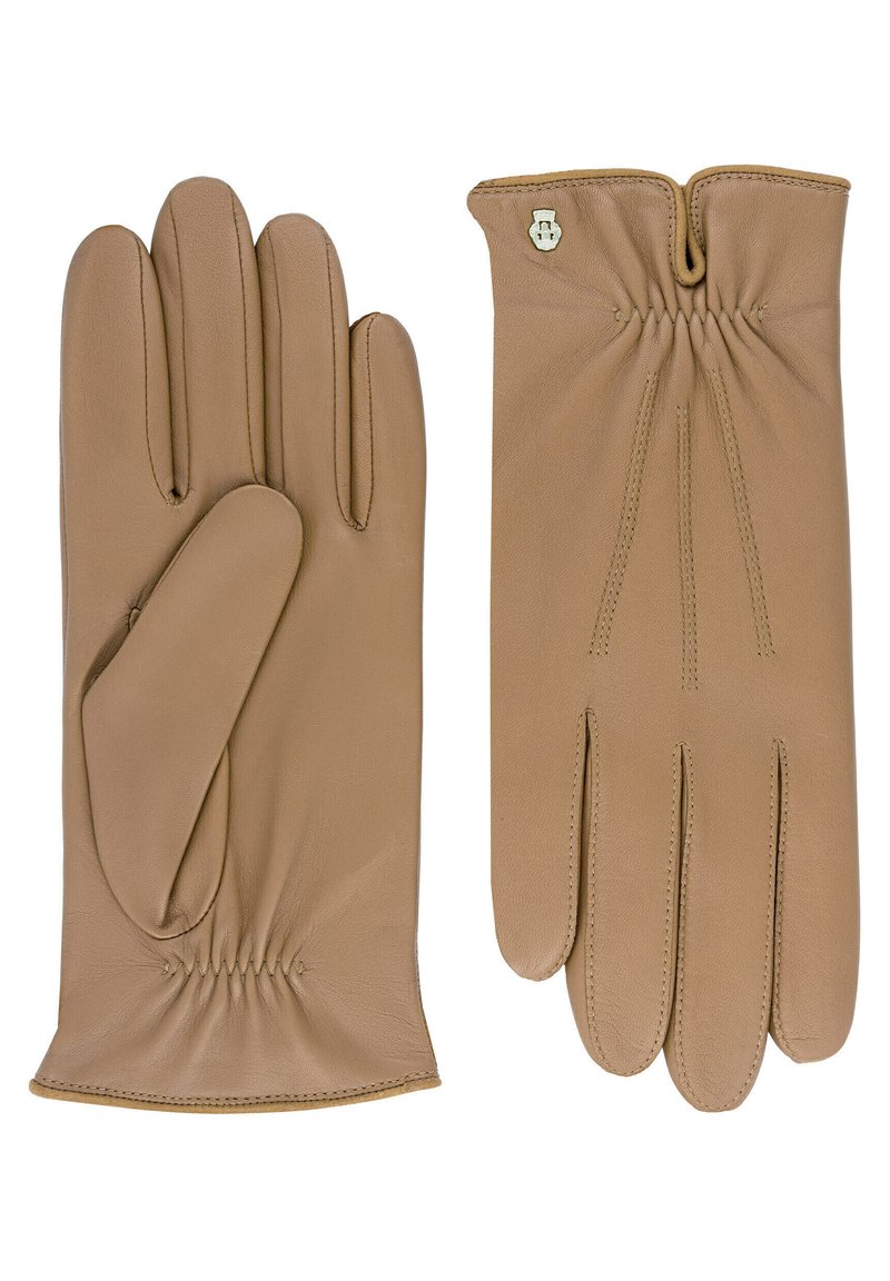 Helle Lederhandschuhe mit glatter Textur, elastischen Bündchen, dekorativen Nähten und einem kleinen metallischen Akzent.