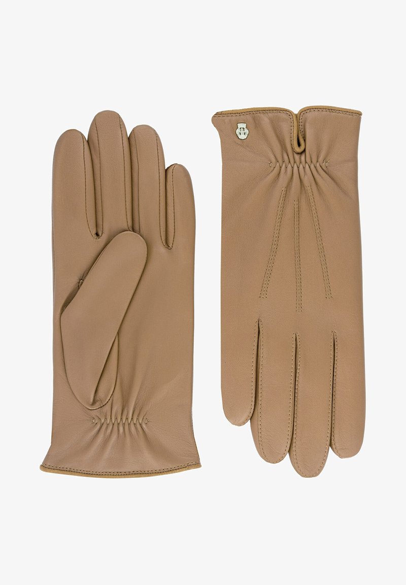 Helle Lederhandschuhe mit glatter Textur, elastischen Bündchen, dekorativen Nähten und einem kleinen metallischen Akzent.