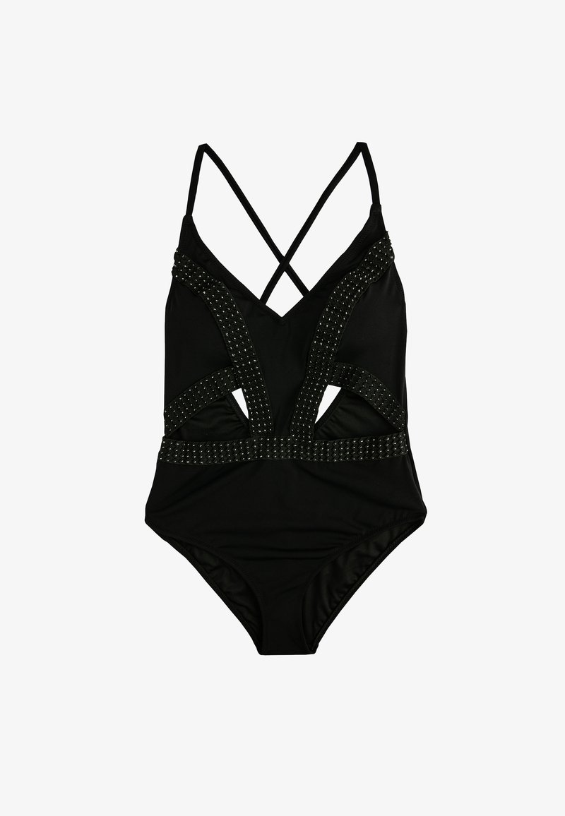 Musta yksiosainen uimapuku, jossa on V-kaula-aukko, ristikkäiset hihnat ja leikkeitä. Koristeena niittiyksityiskohtia nauhoissa ja reunoissa. Sujuva tekstuuri.