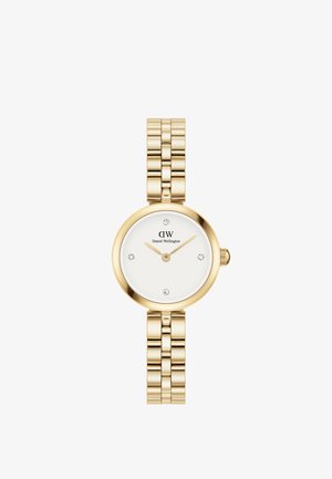 Goldfarbene Armbanduhr mit rundem Gehäuse, weißem Zifferblatt, goldenen Zeigern und drei Edelsteinmarkierungen. Verfügt über ein miteinander verbundenes Metallarmband.