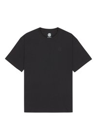 Zwarte katoenen t-shirt met korte mouwen, ronde hals en subtiele reliëf logo op de borst. Zachte textuur en klassiek recht gesneden ontwerp.