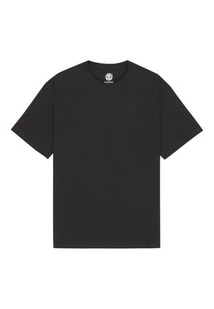 Schwarzes Baumwoll-T-Shirt mit kurzen Ärmeln, Rundhalsausschnitt und dezent geprägtem Logo auf der Brust. Weiche Textur und klassisches, gerades Design.