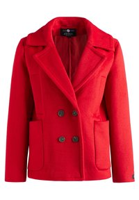 Manteau en laine rouge à double boutonnage avec larges revers, deux poches avant et boutons noirs, présenté sur fond blanc.