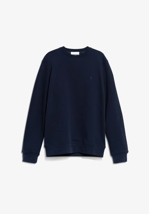 Marineblaue Sweatshirt aus weichem Material, mit Rundhalsausschnitt, langen Ärmeln und einem kleinen Logo auf der Brust. Schlichtes Design und strukturierte Verarbeitung.