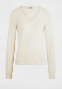 Maglione a maniche lunghe a V di colore crema con polsini e orlo a coste, esposto su uno sfondo bianco semplice.