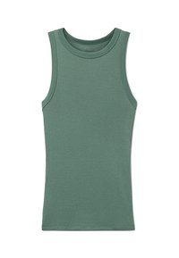 Zelený žebrovaný top bez rukávů s kulatým výstřihem. Hladký materiál s elastickými vlastnostmi pro pohodlí, s pečlivě zpracovanými okraji.