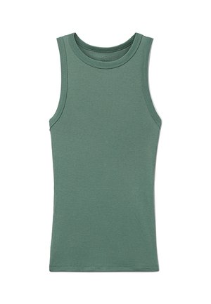 Grön ribbad linne med rund halsringning och ärmlös design. Slät textur med stretch för komfort, med snyggt avslutade kanter.