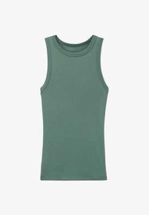 Zelený žebrovaný top bez rukávů s kulatým výstřihem. Hladký materiál s elastickými vlastnostmi pro pohodlí, s pečlivě zpracovanými okraji.