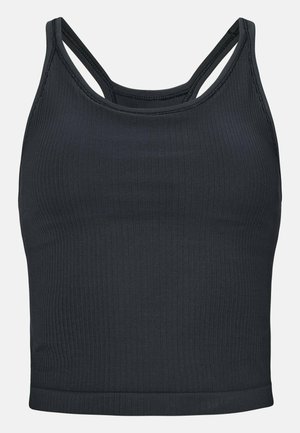 Zwarte geribbelde crop top met dunne spaghettibandjes, een aansluitend ontwerp en een zachte textuur. De zoom is strak en zonder extra details.