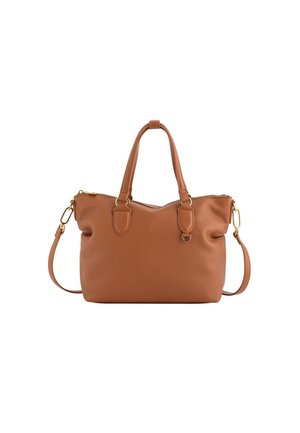 Taschen aus hellbraunem Leder mit strukturiertem Finish, doppelten Obergriffen, abnehmbarem Schulterriemen und Akzenten aus goldfarbigem Metall.