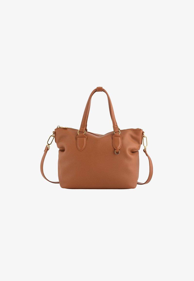 Tan leather handbag with a textured finish, dual top handles, removable shoulder strap, and gold-tone hardware accents.