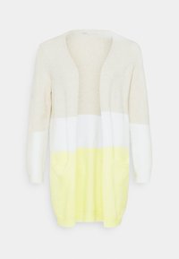 Strickjacke in Beige, Weiß und Gelb-Gradient mit langen Ärmeln, offener Vorderseite, zwei Fronttaschen und einer weichen, strukturierten Oberfläche.