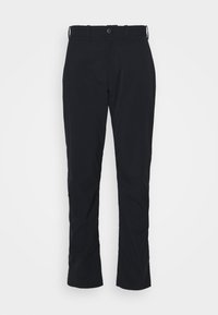 Black trousers made of smooth fabric, with a straight-leg design, front button closure, and belt loops. Minimalist style with no patterns.