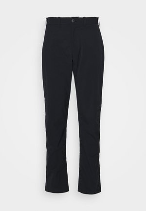 Black trousers made of smooth fabric, with a straight-leg design, front button closure, and belt loops. Minimalist style with no patterns.