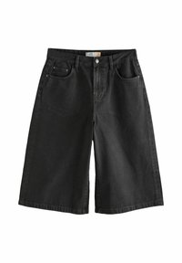 Pantalones cortos de denim negro con piernas anchas, que cuentan con bolsillos frontales, un cierre de cremallera y un broche. Color sólido con un discreto detalle de costura.