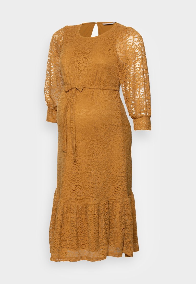 Robe de maternité en dentelle jaune moutarde avec manches longues transparentes, col rond, ceinture nouée à la taille et ourlet à volants.