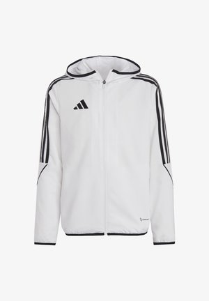 Giacca bianca con zip e cappuccio, con strisce nere sulle spalle e logo sul petto. Realizzata in materiale liscio e leggero.