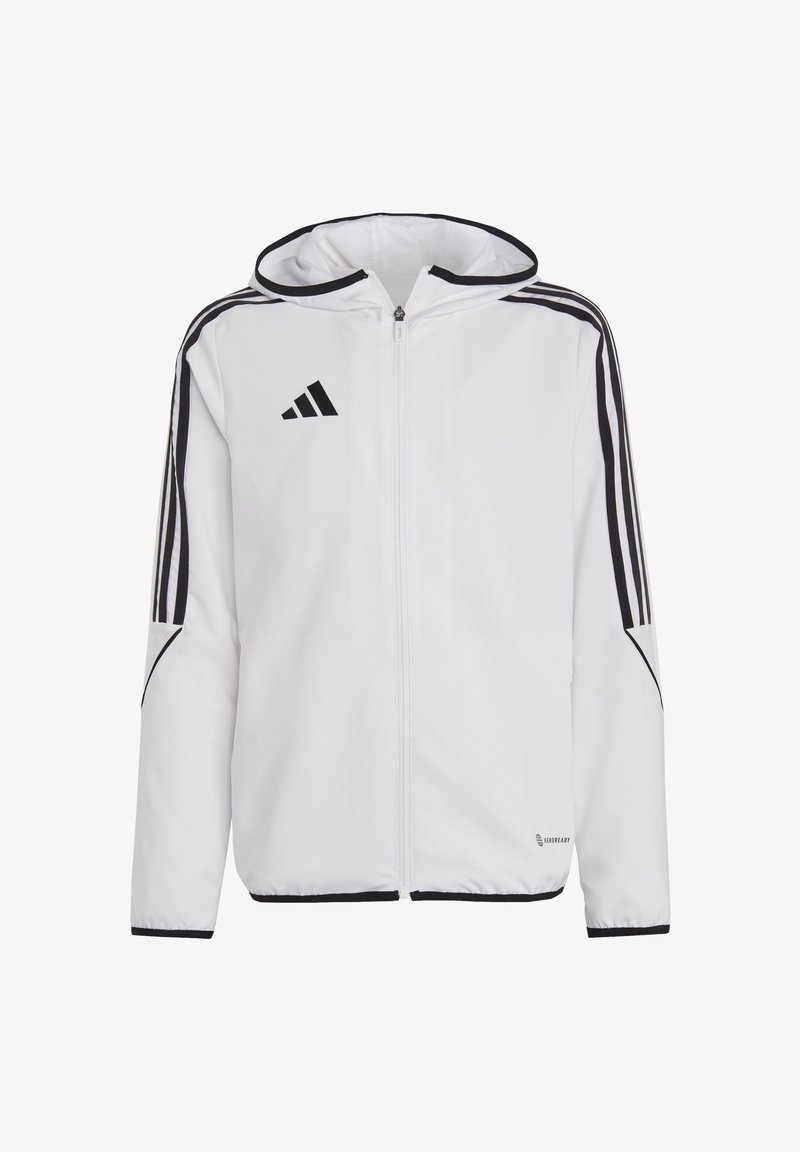 Witte ritssluitingjack met capuchon, zwarte gestreepte accenten op de schouders en logo op de borst. Gemaakt van een gladde, lichte stof.