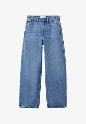 Light blue straight-leg denim jeans with front pockets, belt loops, and a button closure.