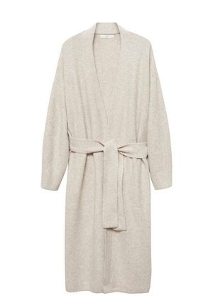 Beige knit robe with long sleeves, open front, and belt. Features ribbed cuffs and smooth texture. Casual, mid-length design.