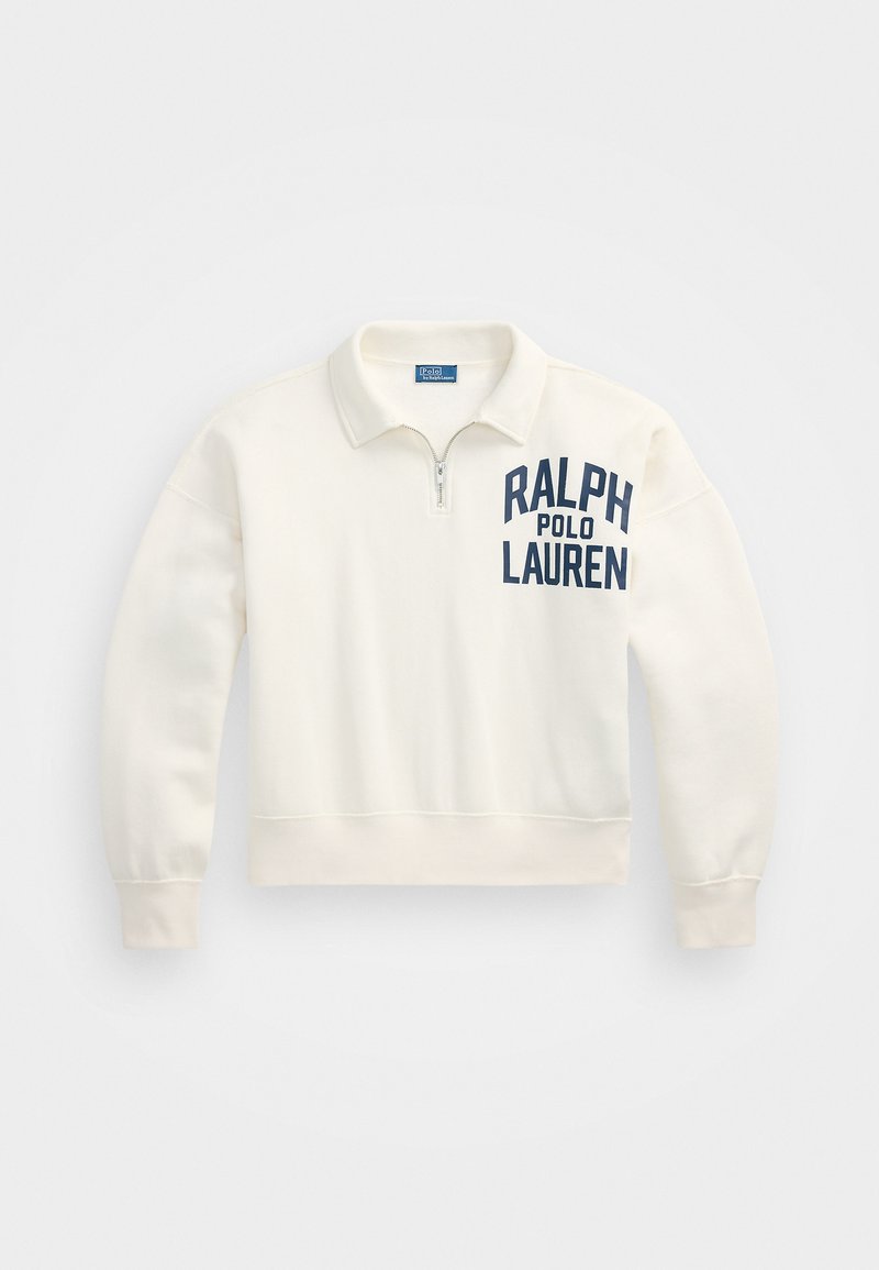 Hvid kvart lynlås sweatshirt med ribbede manchetter og kant. Har marineblå tekst: "RALPH POLO LAUREN" på venstre brystområde. Blødt stof.