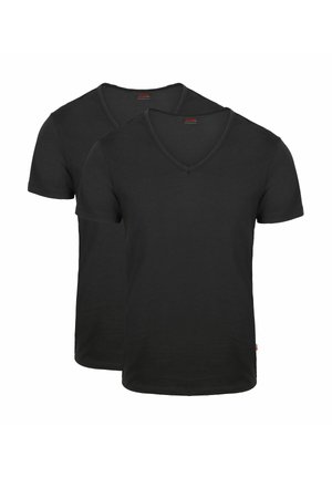 Two plain black short-sleeve V-neck T-shirts displayed on a white background, one slightly behind the other.
