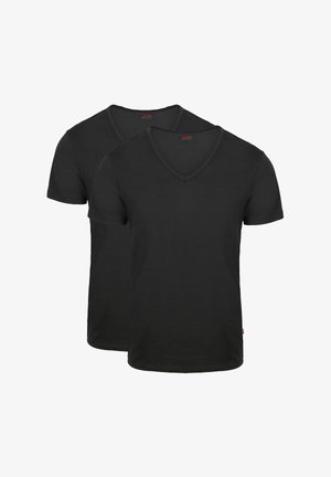 Two plain black short-sleeve V-neck T-shirts displayed on a white background, one slightly behind the other.
