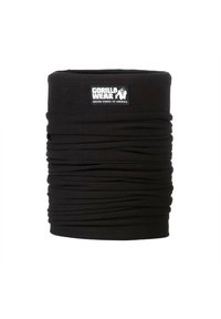 Black, stretchy fabric neck gaiter with a soft texture, featuring gathered design and a logo patch reading "GORILLA WEAR UNITED STATES OF AMERICA."