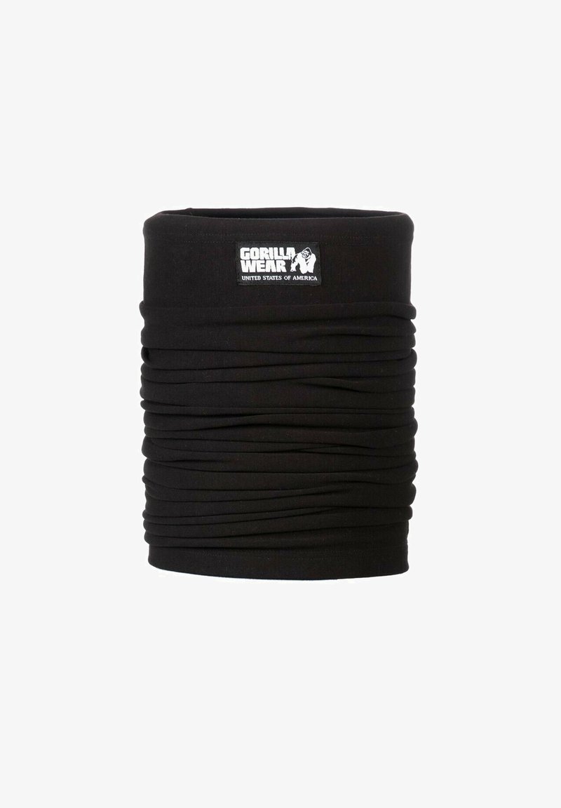 Zwarte, rekbare stoffen nekwarmer met een zachte textuur, voorzien van een geplooid ontwerp en een logo patch met de tekst "GORILLA WEAR UNITED STATES OF AMERICA."