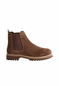 Brown suede Chelsea boot with elastic side panels, pull tab, and rubber sole featuring a lug pattern for traction.