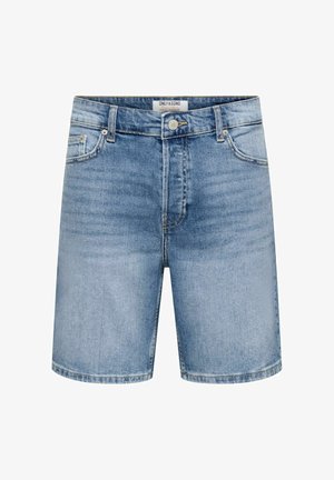 Pantaloni scurți din denim albastru deschis cu nasture frontal, fermoar, bucle pentru curea și buzunare, marca „Only & Sons” pe banda interioară a taliei.