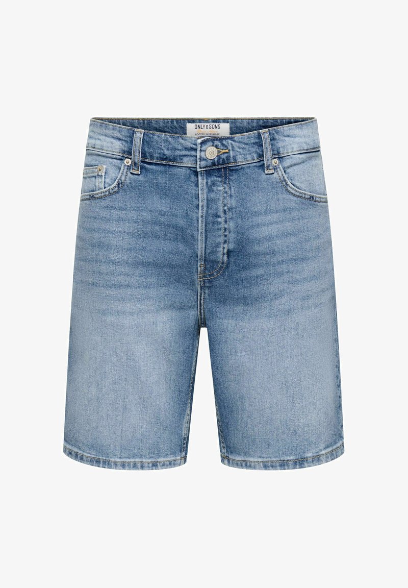 Világoskék farmer rövidnadrág elülső gombbal, cipzárral, övbújtatókkal és zsebekkel, belső derékrészen "Only & Sons" márkajelzéssel.