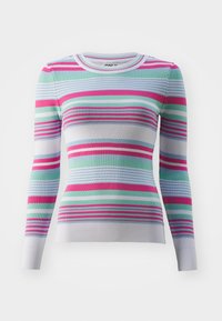 Maglione a maniche lunghe a coste di colore bianco con righe orizzontali in rosa, verde, azzurro e viola. Presenta un collo rotondo e una forma aderente.